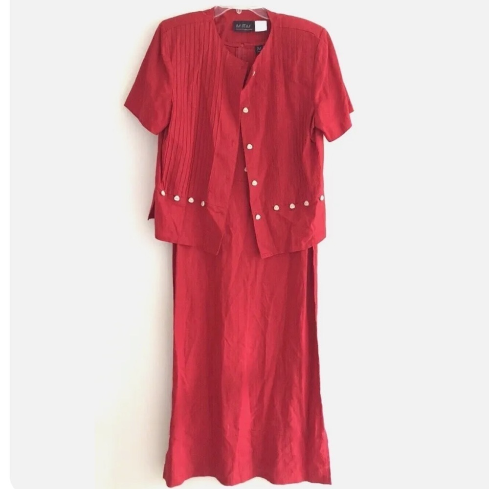 Vintage Melissa Harper | Linen Blend Maxi Dress Set Women Sz 14 Red Short Sleeve